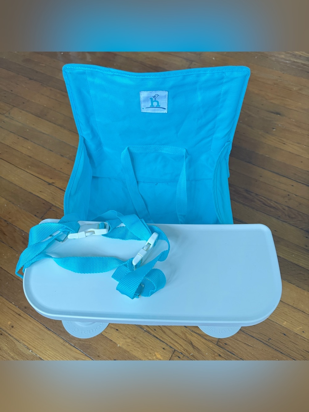 Portable Kids Booster Seat with Turquoise Strap